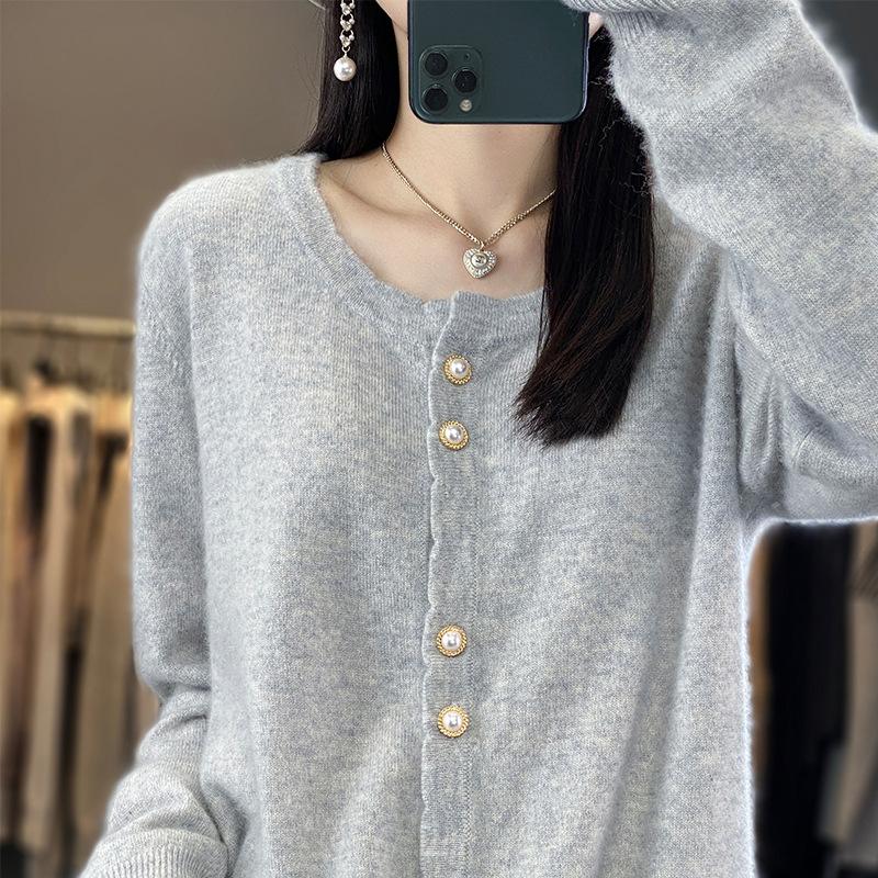 Wolle Locker Perlenknopf Rundhals Strickpullover Strickjacke Neu Frühling Damen Vielseitige Jacke Oberteil XXL von Joom DACH