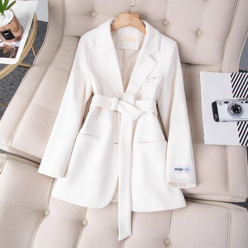 Wollmantel Blazer Damen Herbst und Winter Neuer koreanischer Stil Schlanker weißer Anzug Damenoberteil mit Gürtel M weiß von Joom DACH