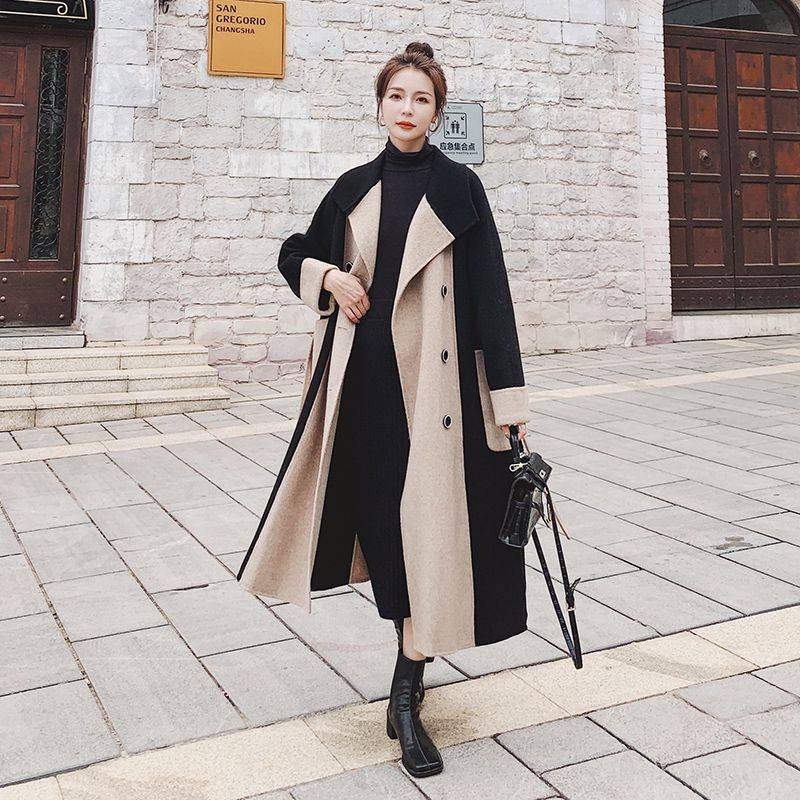 Wollmantel Damen Herbst und Winter Neu Kontrastfarbe Knie Wollmantel Mantel XL von Joom DACH