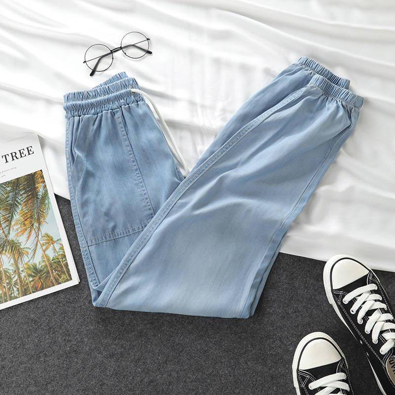 Damen Sommer Dünne Hohe Taille Elastische Eisseide Jeans Locker Neun Punkte Kordelzug Haremshose XL hellblaue von Joom DACH
