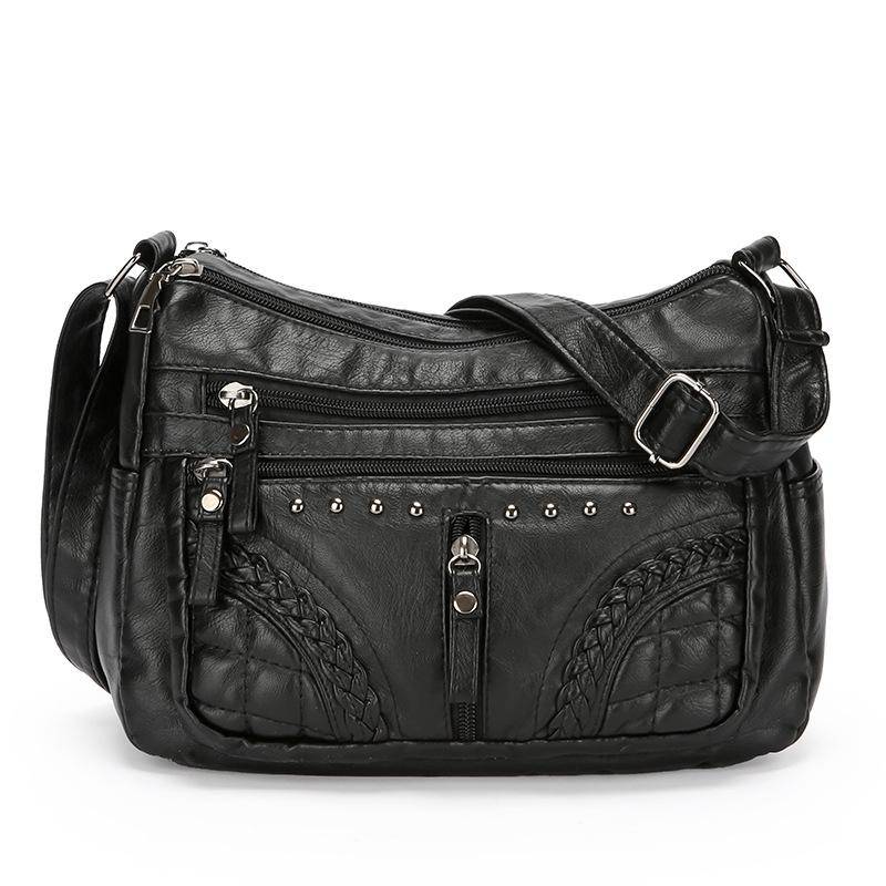 Damentasche Weiches Leder Mehrschichtige Schultertasche Einfarbige Umhängetasche Leichte Muttertasche schwarz von Joom DACH