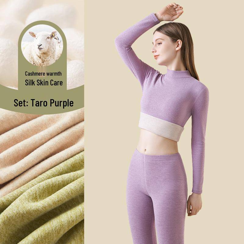 Damen Kaschmir Seide Thermo Unterwäsche Set: Nahtloses Herbst/Winter-Oberteil und -Unterteil mit verdicktem Samt M (80-100 cm) von Joom DACH
