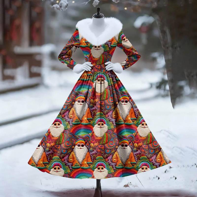 Damen Freizeitkleid Langarm V-Ausschnitt Patchwork Fleece Weihnachtsprint Kleid L von Joom DACH