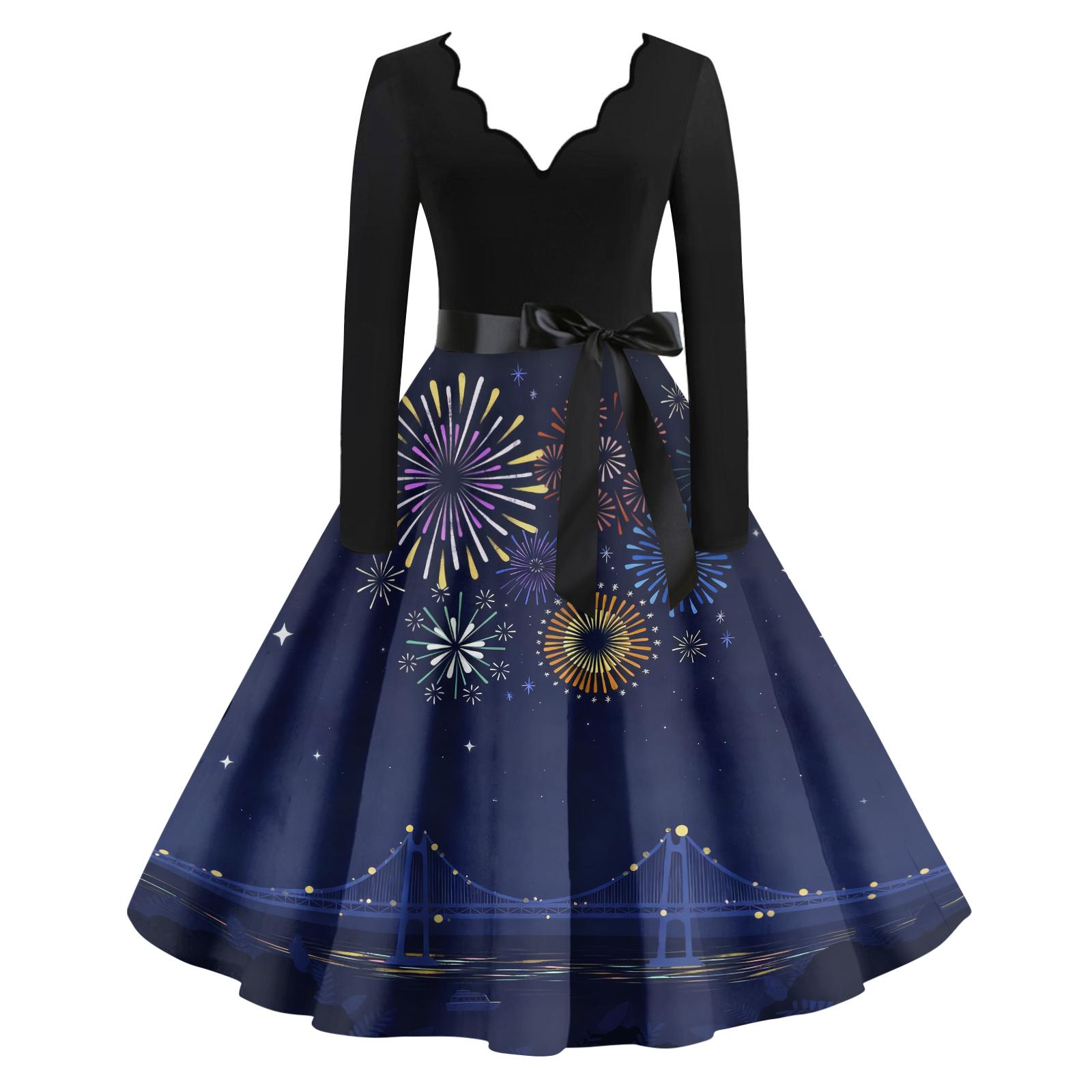 Damen Casual Mode Neujahr Bedrucktes V-Ausschnitt Vintage Kleid XXL blau von Joom DACH