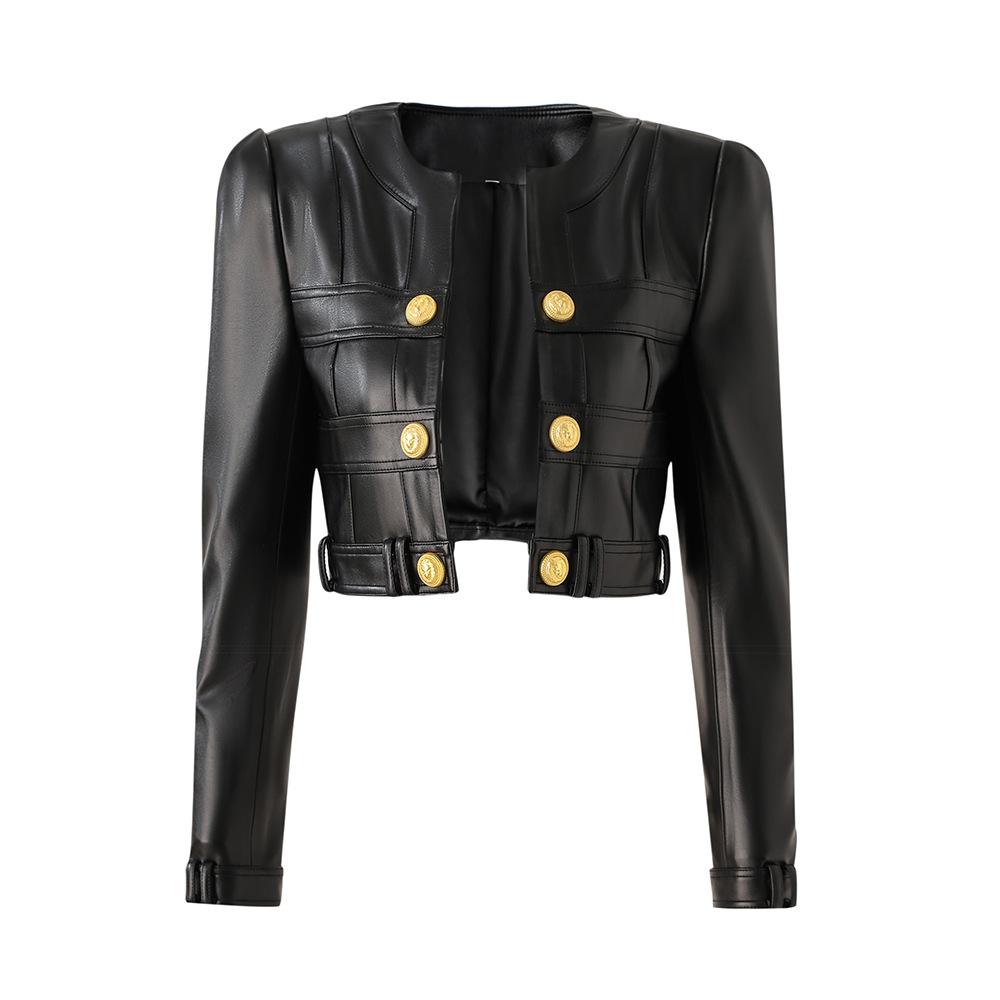 Elegante Damen Motorradjacke mit O-Ausschnitt aus PU-Leder - Hochwertiger schlichter schwarzer Kurzmantel für Frühling und Herbst S schwarz von Joom DACH