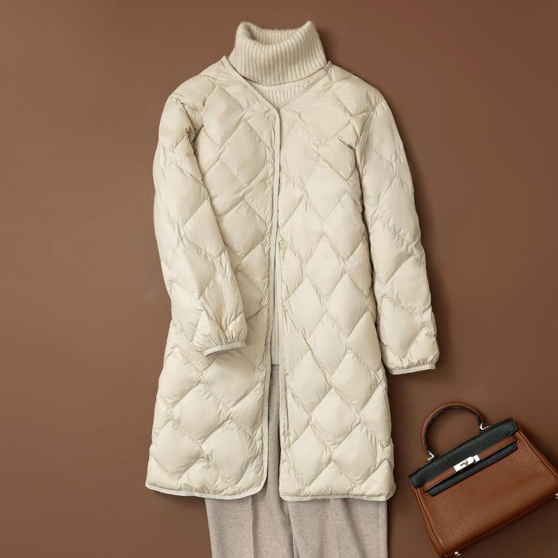 Damen Herbst und Winter Mittellange leichte Daunenjacke Einfarbige Einreihige Jacke mit V-Ausschnitt M von Joom DACH