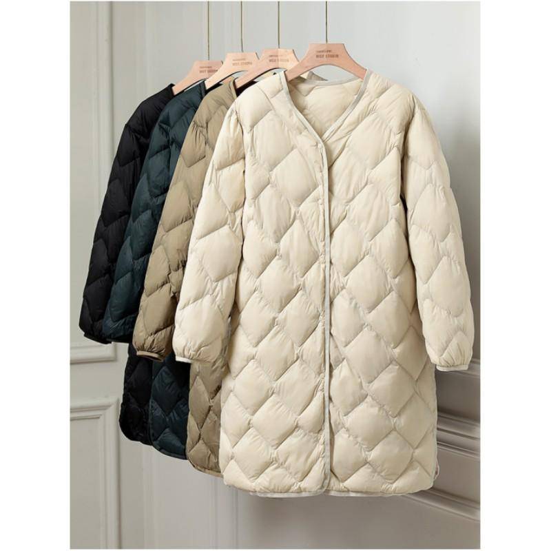 Damen Herbst und Winter Mittellange leichte Daunenjacke Einfarbige Einreihige Jacke mit V-Ausschnitt M von Joom DACH