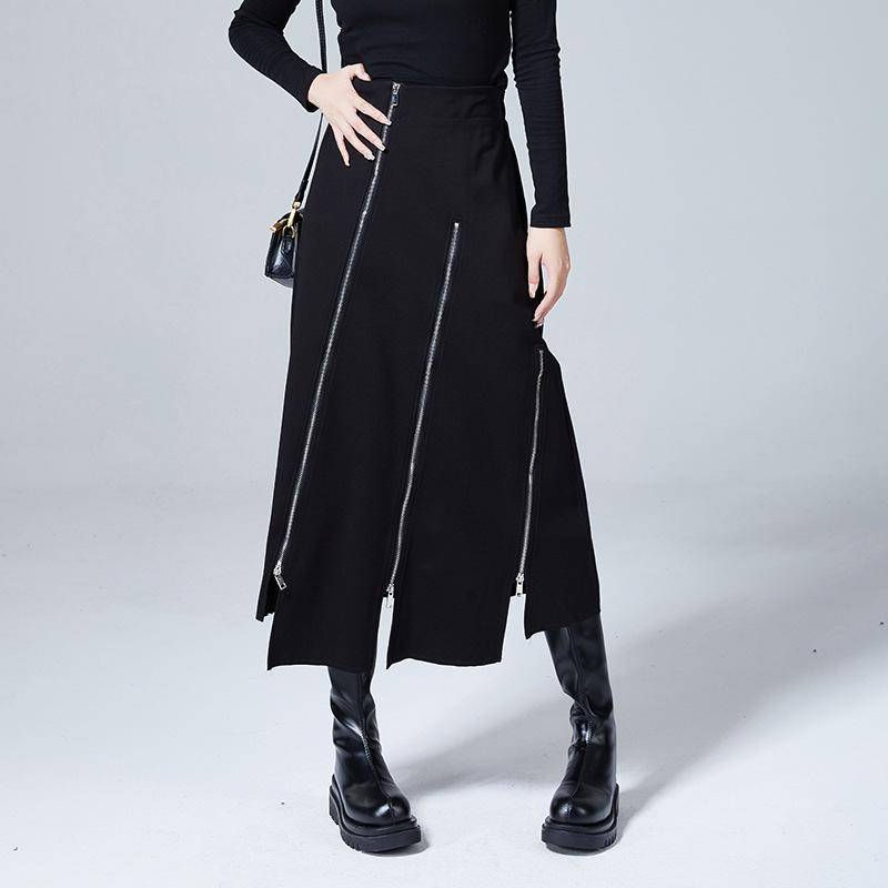 Damen Slim High Waist Unregelmäßiger A-Linien-Rock mit Reißverschluss-Schlitz - Lässiger Frühling/Herbst-Trend L (57.5-65 kg) schwarz von Joom DACH