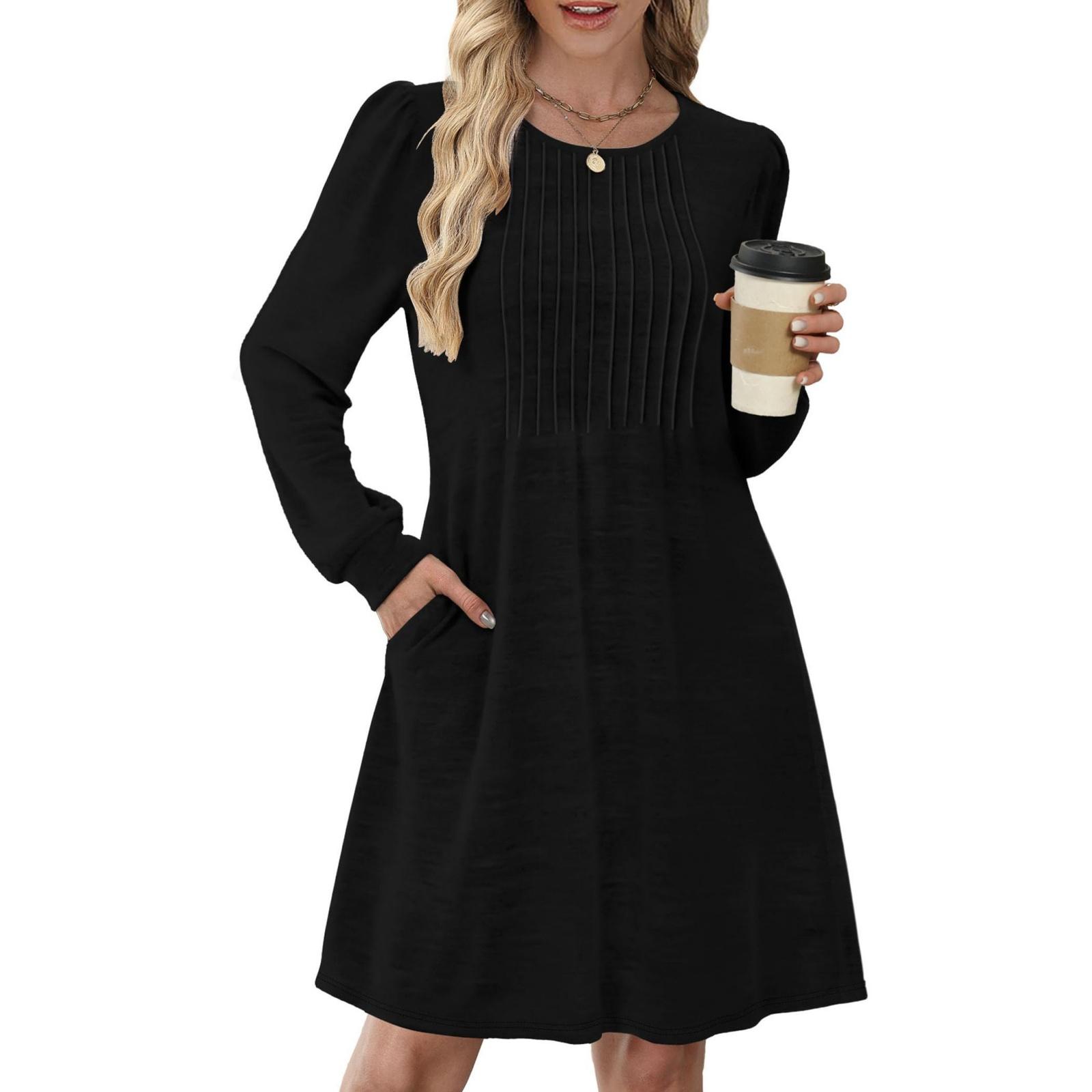 Damen Langarm Plissee Rundhals Einfarbig Lässiges Kleid mit Taschen XL von Joom DACH
