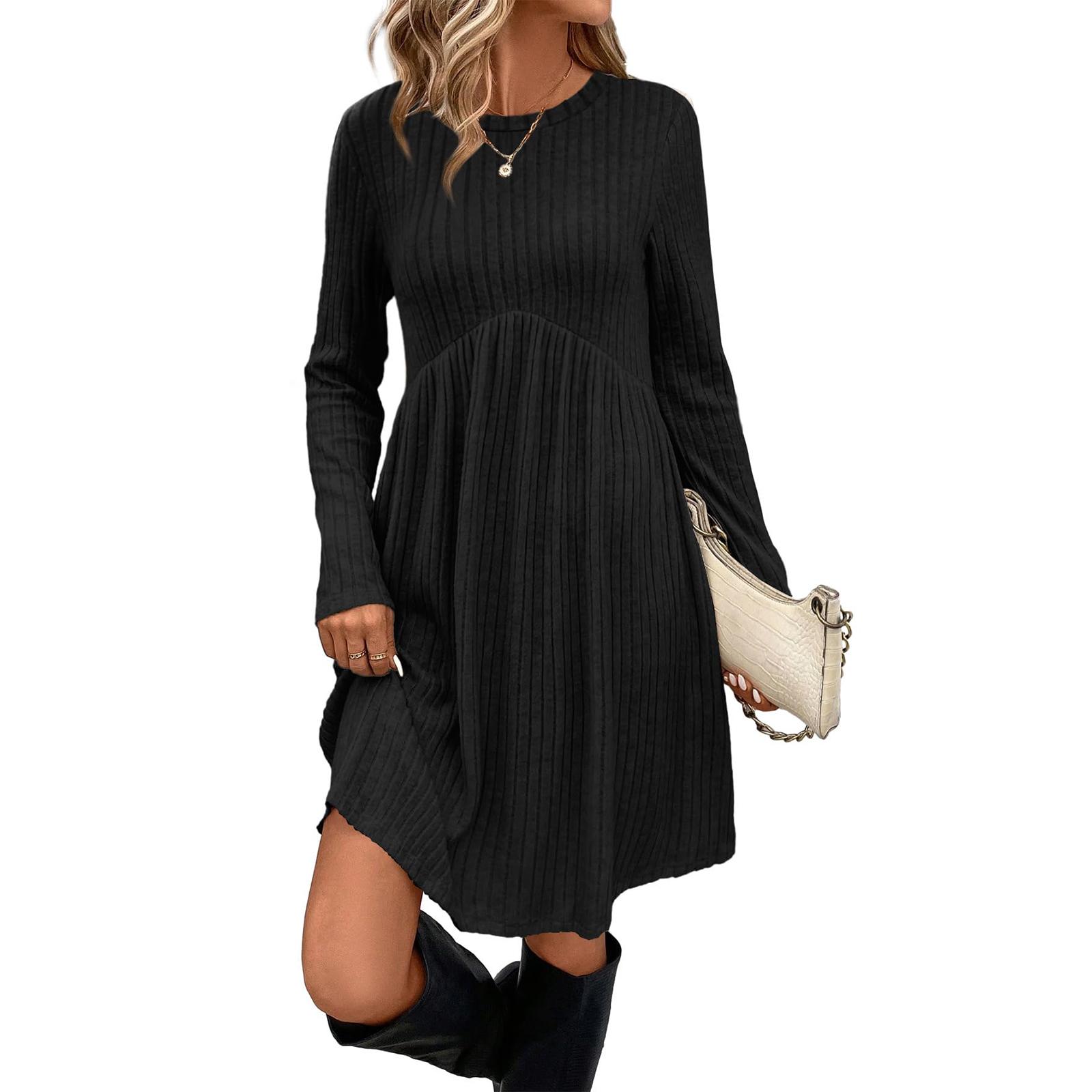 Damen Langarm, Rundhals, Hochtailliert, Mit Taschen, Gestreiftes Kleid XL von Joom DACH