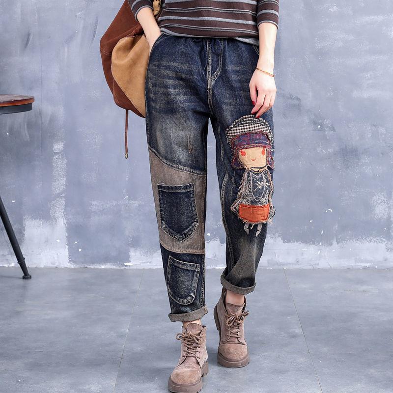 Damen Frühling und Herbst einlagige Denim gerade locker Trend Stickerei Casual Jeans L von Joom DACH