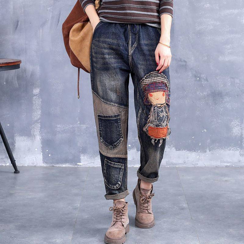 Damen Frühling und Herbst einlagige Denim gerade locker Trend Stickerei Casual Jeans L von Joom DACH