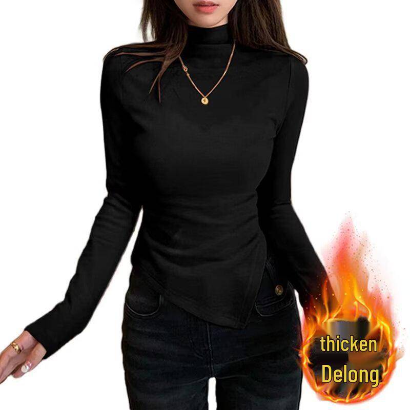 Damen Samt Halbhoher Kragen Asymmetrische Schulter Langarm Slim Fit Herbst Winter Oberteil Small schwarz von Joom DACH