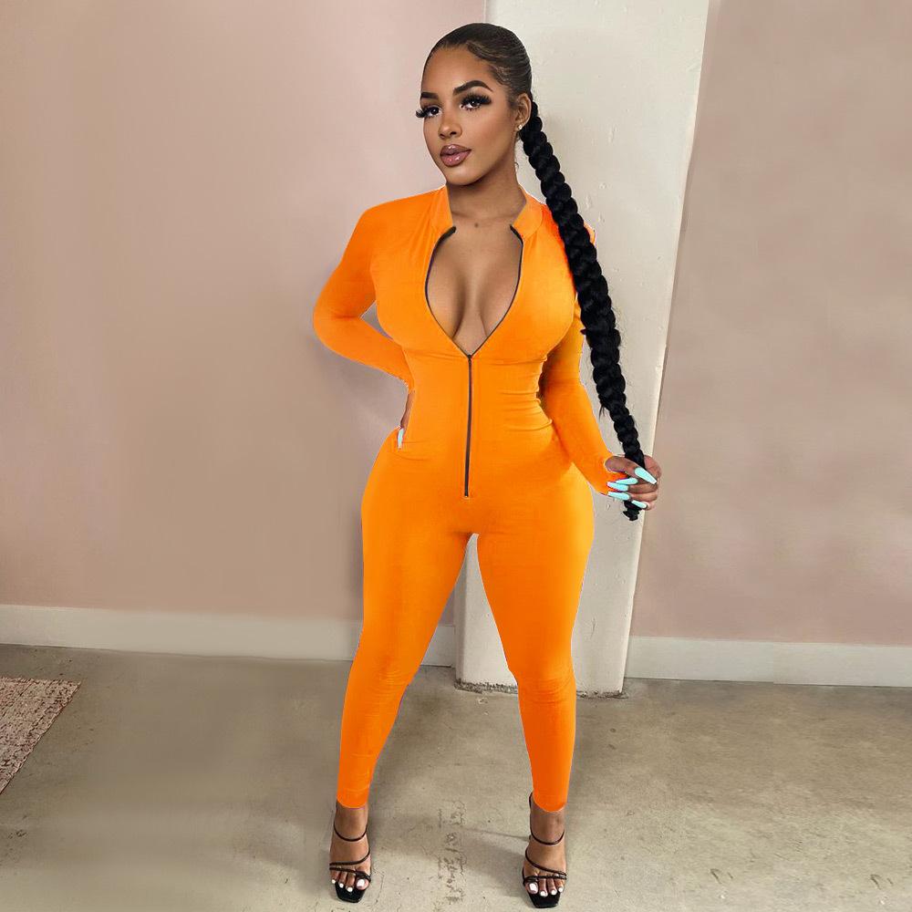 Workout Active Wear Einfarbiger Strampler Damen Overall Sportlich Langarm Fitness Clubwear Reißverschluss Party Jumpsuits Figurbetont M von Joom DACH