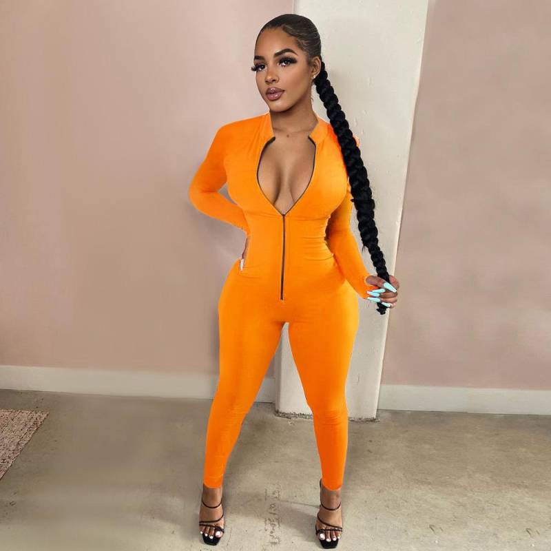 Workout Active Wear Einfarbiger Strampler Damen Overall Sportlich Langarm Fitness Clubwear Reißverschluss Party Jumpsuits Figurbetont M von Joom DACH