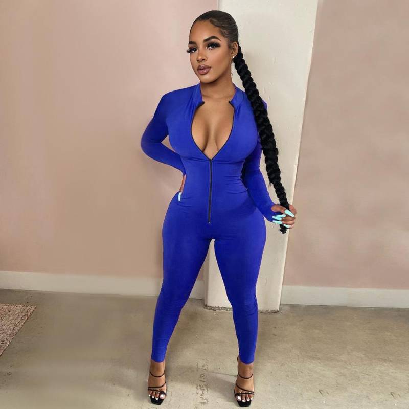 Workout Active Wear Einfarbiger Strampler Damen Overall Sportlich Langarm Fitness Clubwear Reißverschluss Party Jumpsuits Figurbetont XXL von Joom DACH
