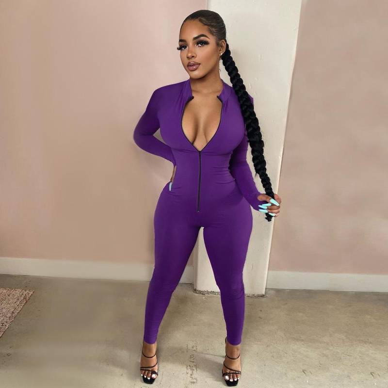 Workout Active Wear Einfarbiger Strampler Damen Overall Sportlich Langarm Fitness Clubwear Reißverschluss Party Jumpsuits Figurbetont XXL von Joom DACH