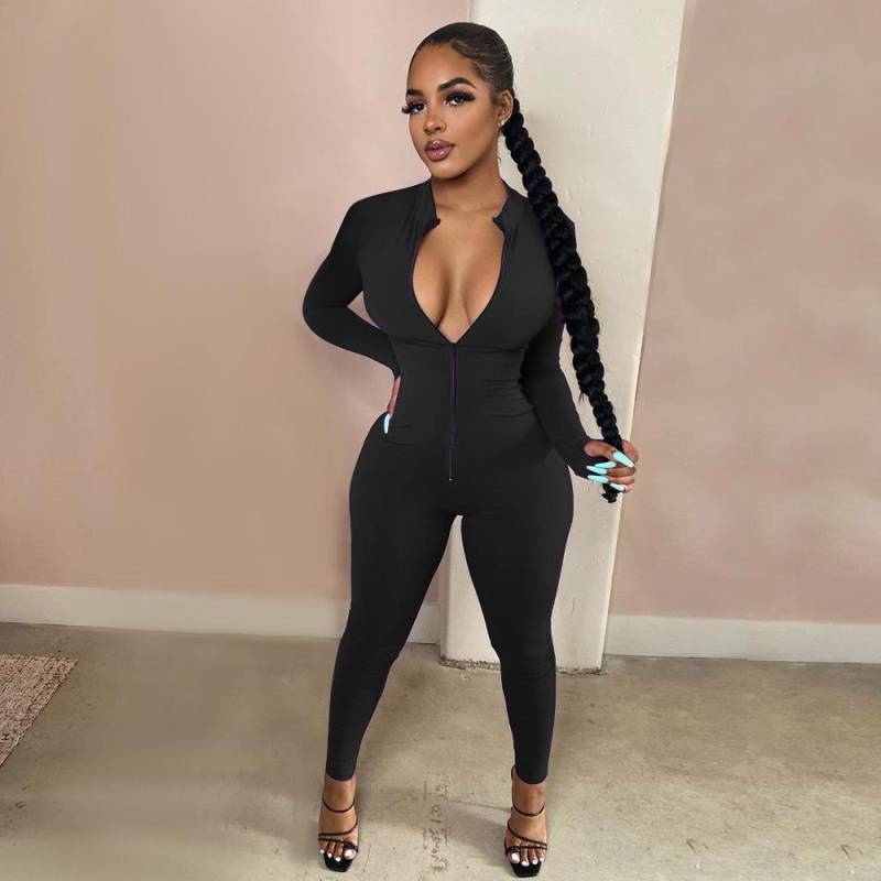 Workout Active Wear Einfarbiger Strampler Damen Overall Sportlich Langarm Fitness Clubwear Reißverschluss Party Jumpsuits Figurbetont XXXL von Joom DACH