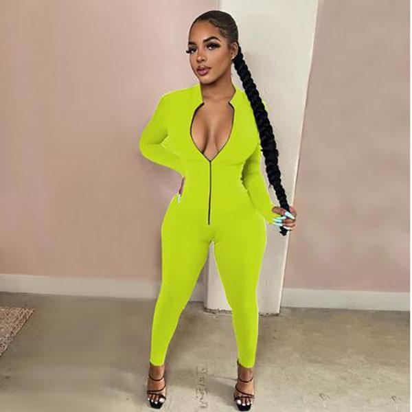 Workout Active Wear Einfarbiger Strampler Damen Overall Sportlich Langarm Fitness Clubwear Reißverschluss Party Jumpsuits Figurbetont XXXL von Joom DACH