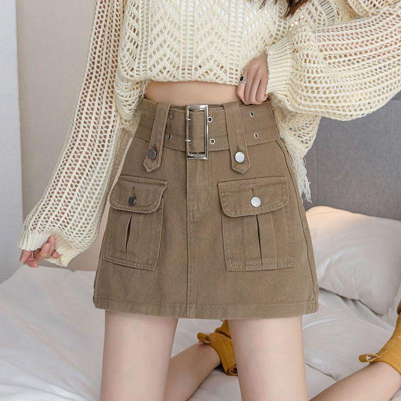 Workwear Jeansrock Damen High-Waist A-Linie Gesäßrock XL khaki von Joom DACH