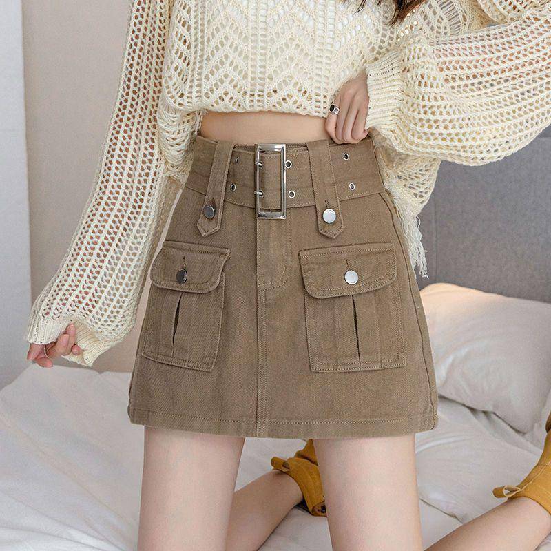 Workwear Jeansrock Damen High-Waist A-Linie Gesäßrock XL khaki von Joom DACH