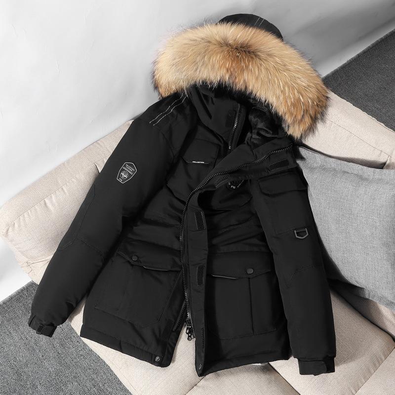 Workwear Pelz Kapuzenkragen Lose Daunenjacke Weibliche Mittellange Paare Verdickte Winter Männer und Frauen mit Der Gleichen Version L schwarz von Joom DACH