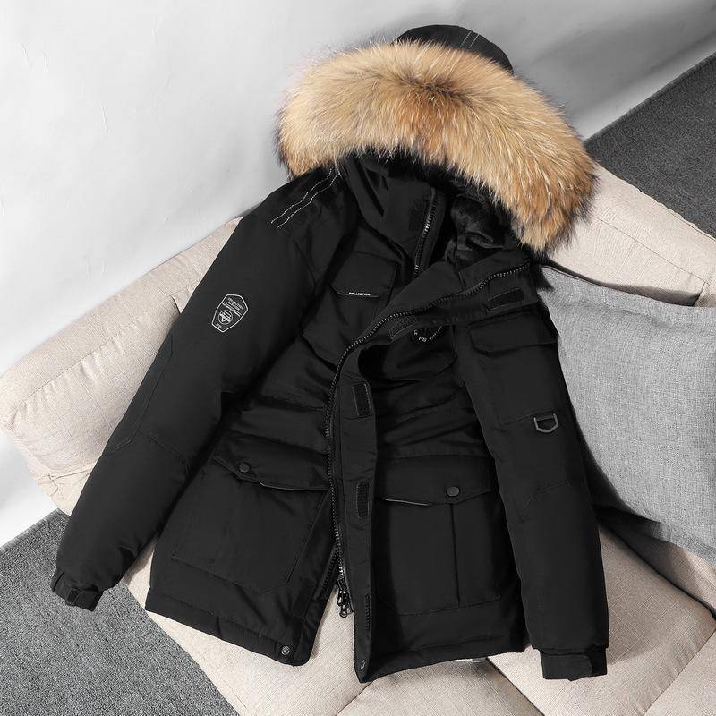 Workwear Pelz Kapuzenkragen Lose Daunenjacke Weibliche Mittellange Paare Verdickte Winter Männer und Frauen mit Der Gleichen Version L schwarz von Joom DACH