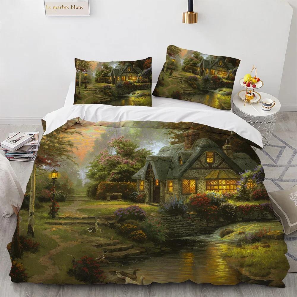 Wunderschönes Malerei Bettbezug Set King Queen Größe Polyester Bettwäsche Set für Kinder Jungen Mädchen Bettdeckenbezug Haus Baum Muster 70x133cm von Joom DACH