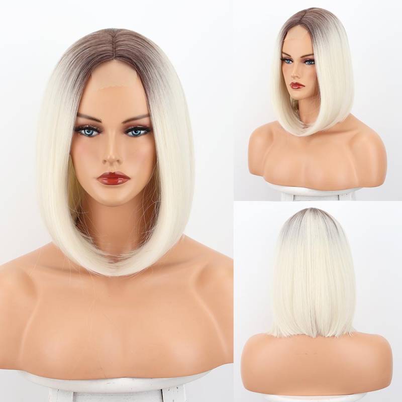 XINRAN Frauen Kurze Ombre Braun Blonde Gerade Bob Perücke Ohne Pony Spitze Front Synthetische Faser Perücke Täglichen Tragen Cosplay 30cm von Joom DACH