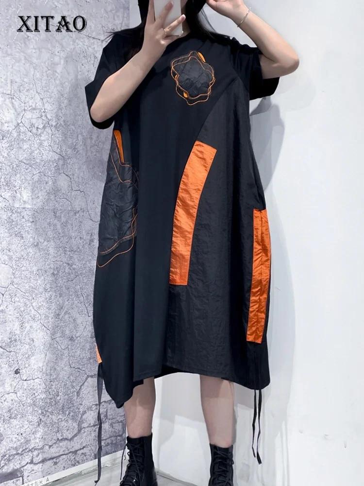 XITAO Lässiges Kleid mit Patchwork-Print Schwarzes, lockeres Pulloverkleid mit O-Ausschnitt WLD11248 One Size schwarz von Joom DACH
