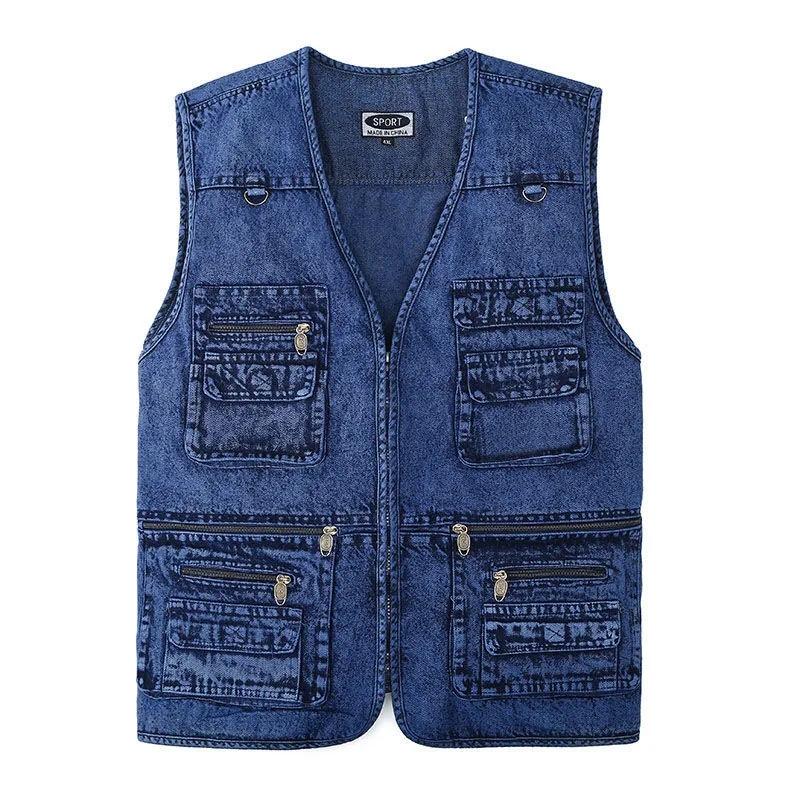 XL-5XL Plus Größe Herren Denim Jacke Mantel Lässig Viele Taschen Ärmellose Weste Frühling Herbst Tragbare Lose Weste Männliche Kleidung 2XL blau von Joom DACH