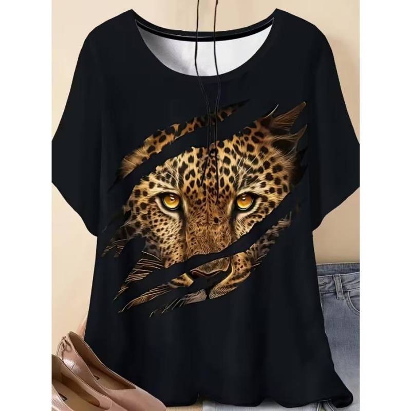 XL-7XL Übergröße Damen Herren Cartoon Katze Lässig 3D-Druck Locker V-Ausschnitt Kurzarm T-Shirt Top 5XL schwarz von Joom DACH
