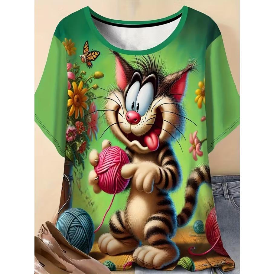 XL-7XL Übergröße Damen Herren Cartoon Katze Lässig 3D-Druck Locker V-Ausschnitt Kurzarm T-Shirt Top 7XL grün von Joom DACH