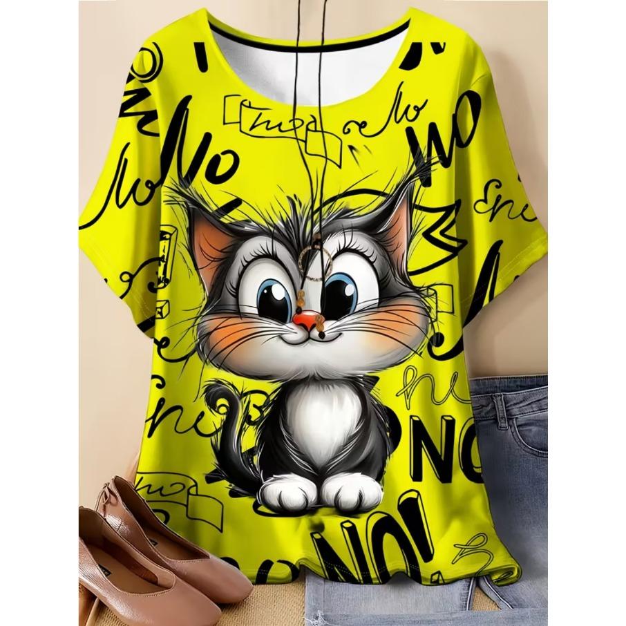 XL-7XL Übergröße Damen Herren Cartoon Katze Lässig 3D-Druck Locker V-Ausschnitt Kurzarm T-Shirt Top XL gelb von Joom DACH