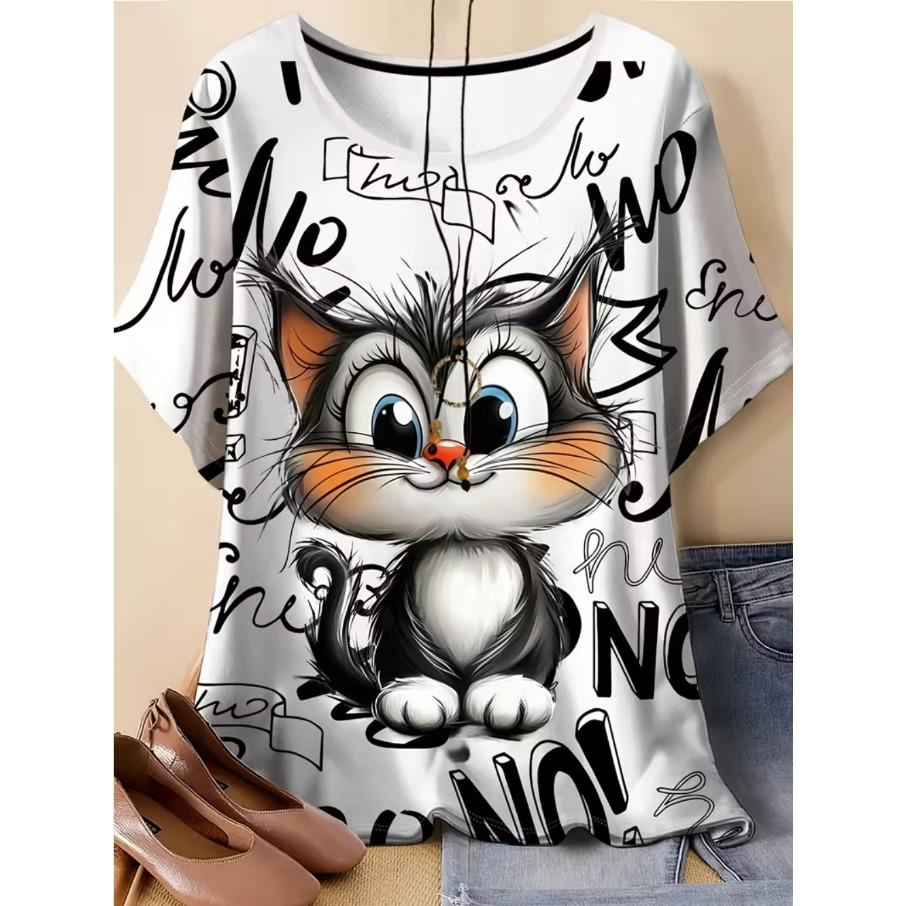 XL-7XL Übergröße Damen Herren Cartoon Katze Lässig 3D-Druck Locker V-Ausschnitt Kurzarm T-Shirt Top XL weiß von Joom DACH