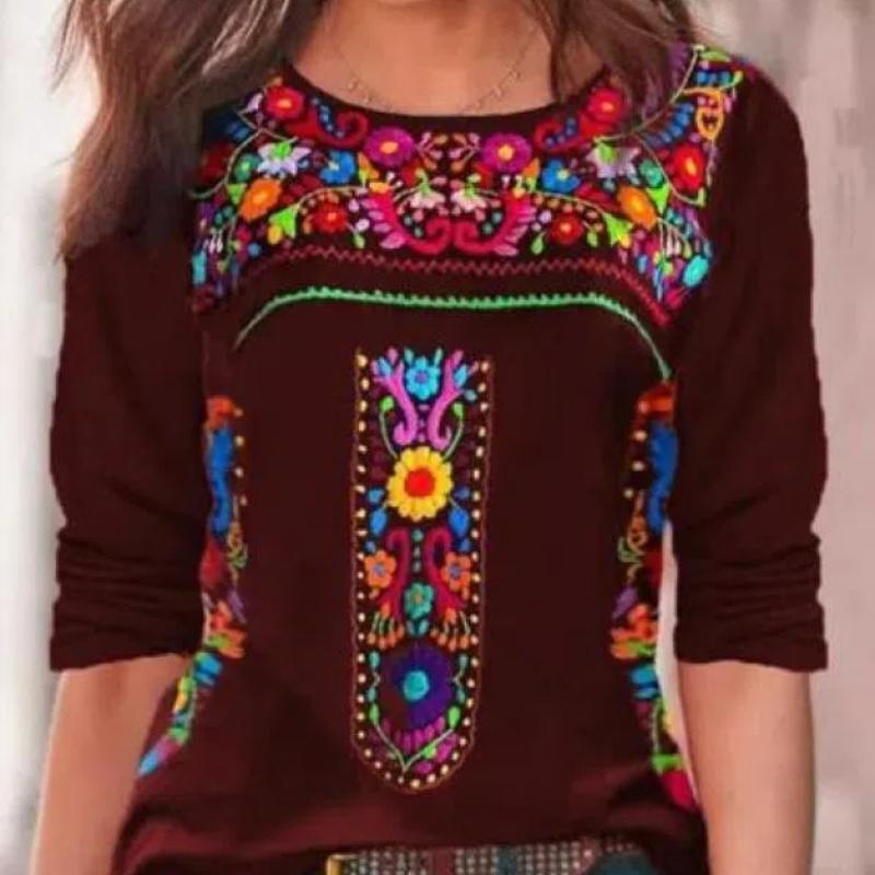 XS-8XL Damen Herbst- und Winterkleidung Langarmshirts Damen Retro Bohemian Bedruckte Blusen Lose T-Shirts Baumwollhemden 4XL von Joom DACH