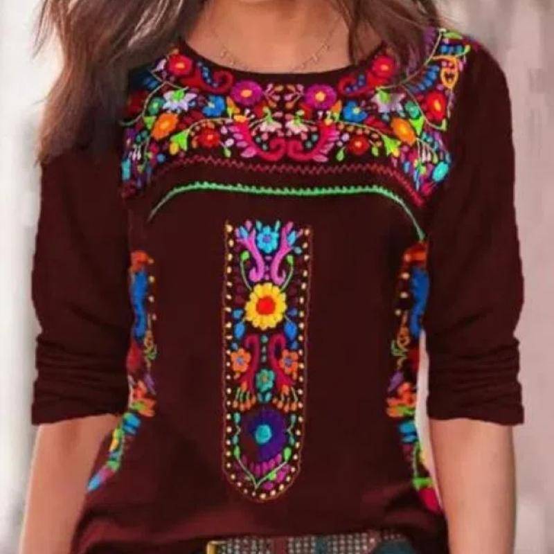 XS-8XL Damen Herbst- und Winterkleidung Langarmshirts Damen Retro Bohemian Bedruckte Blusen Lose T-Shirts Baumwollhemden 4XL von Joom DACH