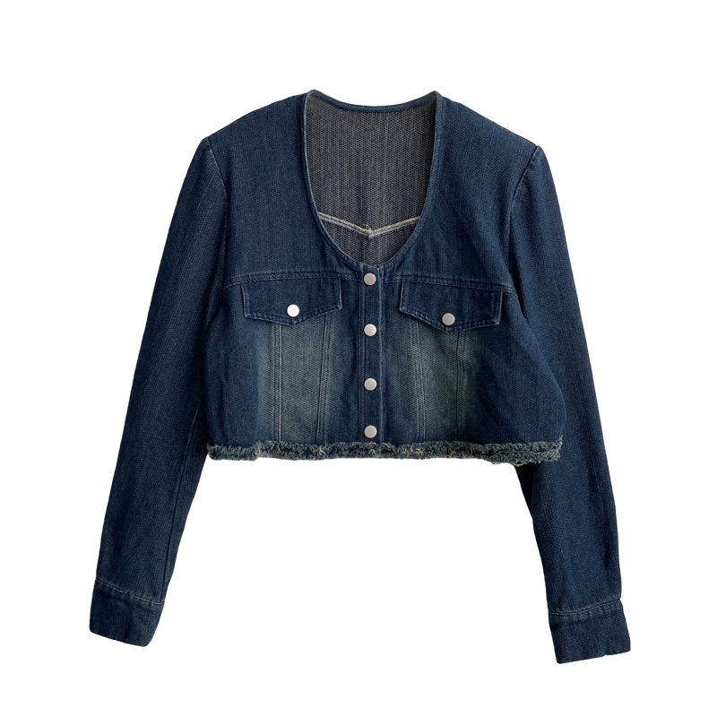 Xiaoxiangfeng Blaue Jeansjacke für Damen Herbst Retro U-Ausschnitt Oberteil M blau von Joom DACH