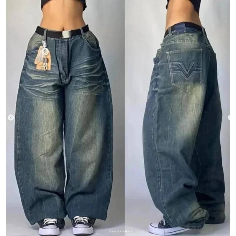 Y2K American New Retro Street Hip-Hop Loose Jeans Damen Harajuku Hohe Taille Weite Beinhose Gothic Weite Hose Straßenhose M von Joom DACH