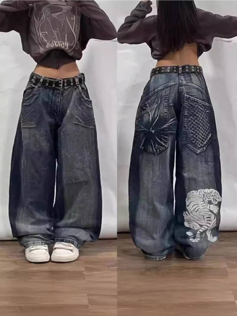 Y2K American New Retro Street Hip-Hop Loose Jeans Damen Harajuku Hohe Taille Weite Beinhose Gothic Weite Hose Straßenhose M von Joom DACH