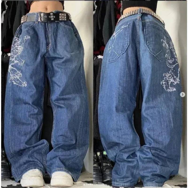 Y2K American New Retro Street Hip-Hop Loose Jeans Damen Harajuku Hohe Taille Weite Beinhose Gothic Weite Hose Straßenhose S von Joom DACH