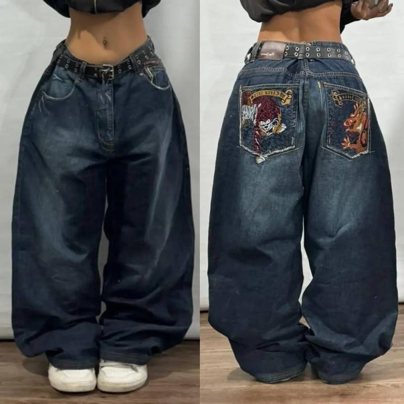 Y2K American New Retro Street Hip-Hop Loose Jeans Damen Harajuku Hohe Taille Weite Beinhose Gothic Weite Hose Straßenhose S von Joom DACH
