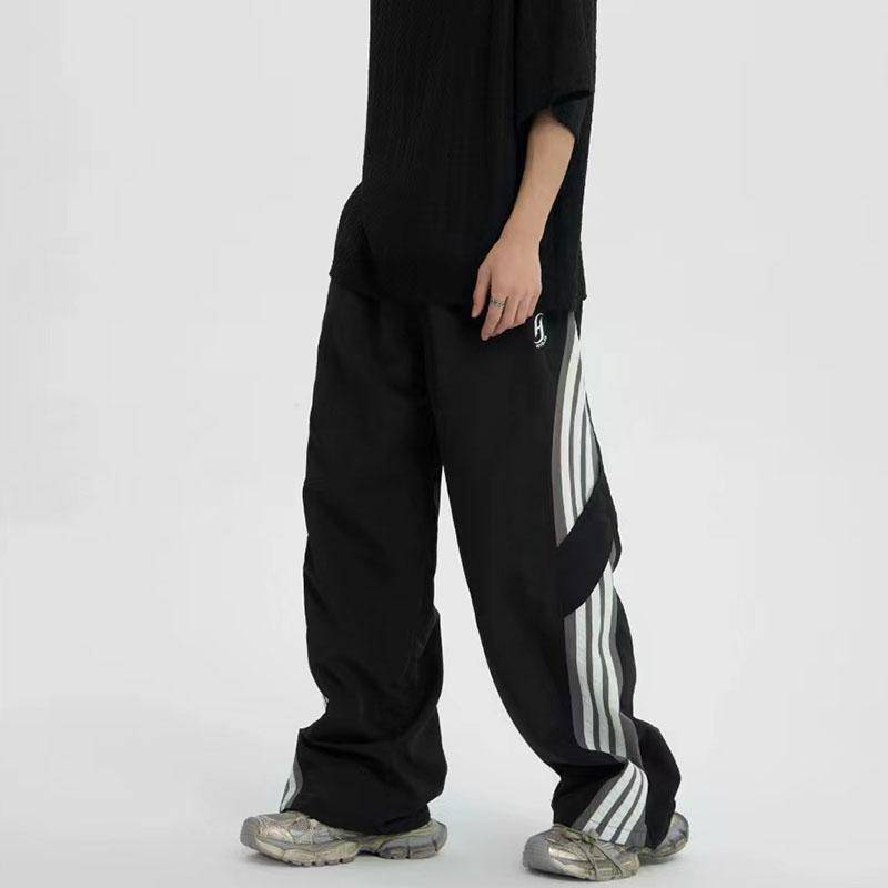 Y2K Baggy Streetwear Cargohose Damen Koreanische Hohe Taille Gestreifte Fallschirm Jogginghose Bf Oversize Hip Hop Hose mit weitem Bein S schwarz von Joom DACH