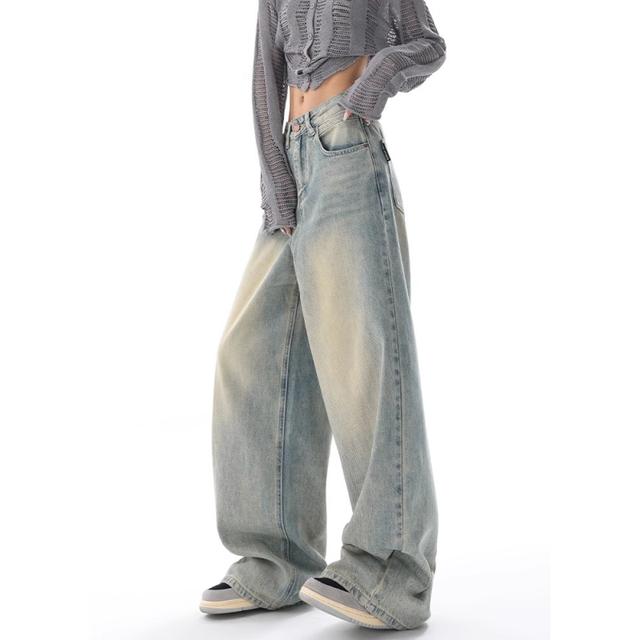 Y2K Blue Jeans für Damen, hohe Taille, amerikanische Straßenhose mit weitem Bein, Hip-Hop-Vintage, gerade Herbsthose M blau von Joom DACH
