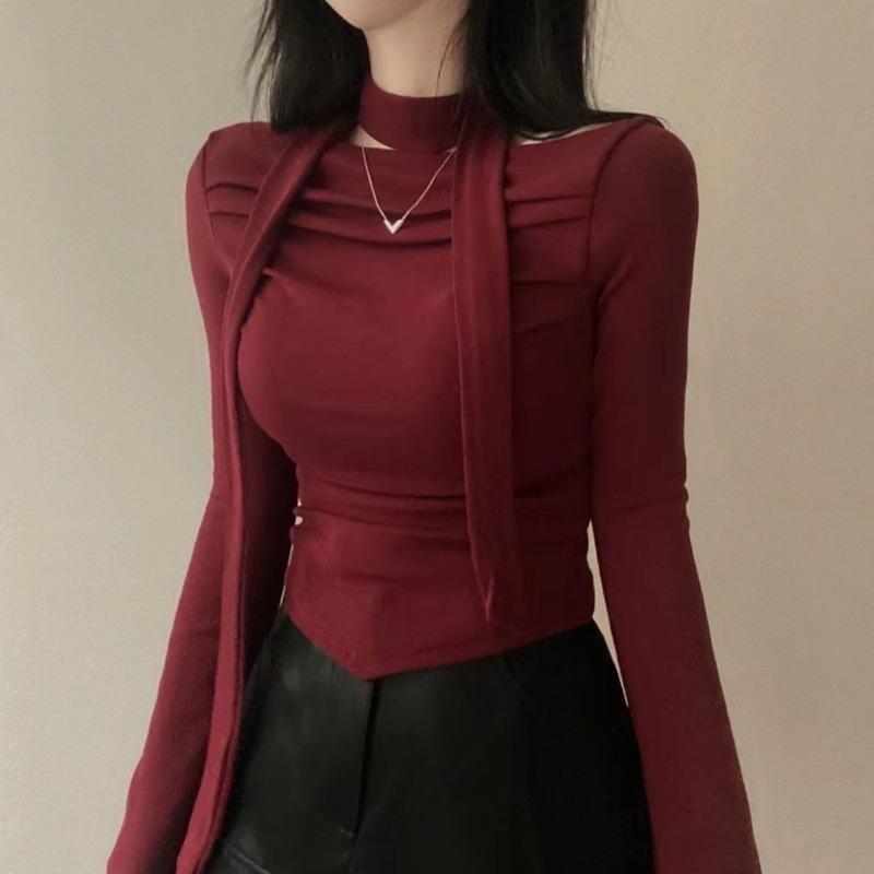 Y2K Crop T-Shirts Frauen Hotsweet Chic Langarm Top Weibliche Vintage Mode Off Schulter T-shirt Dame Frühling Casual Spitze-up T Shirt S rot von Joom DACH