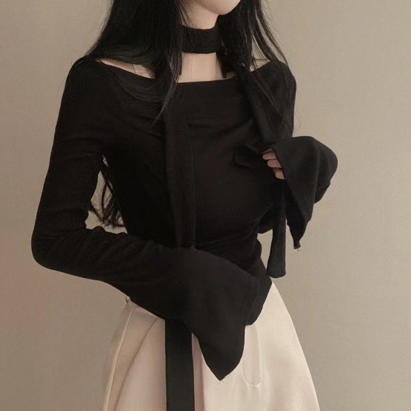 Y2K Crop T-Shirts Frauen Hotsweet Chic Langarm Top Weibliche Vintage Mode Off Schulter T-shirt Dame Frühling Casual Spitze-up T Shirt S schwarz von Joom DACH