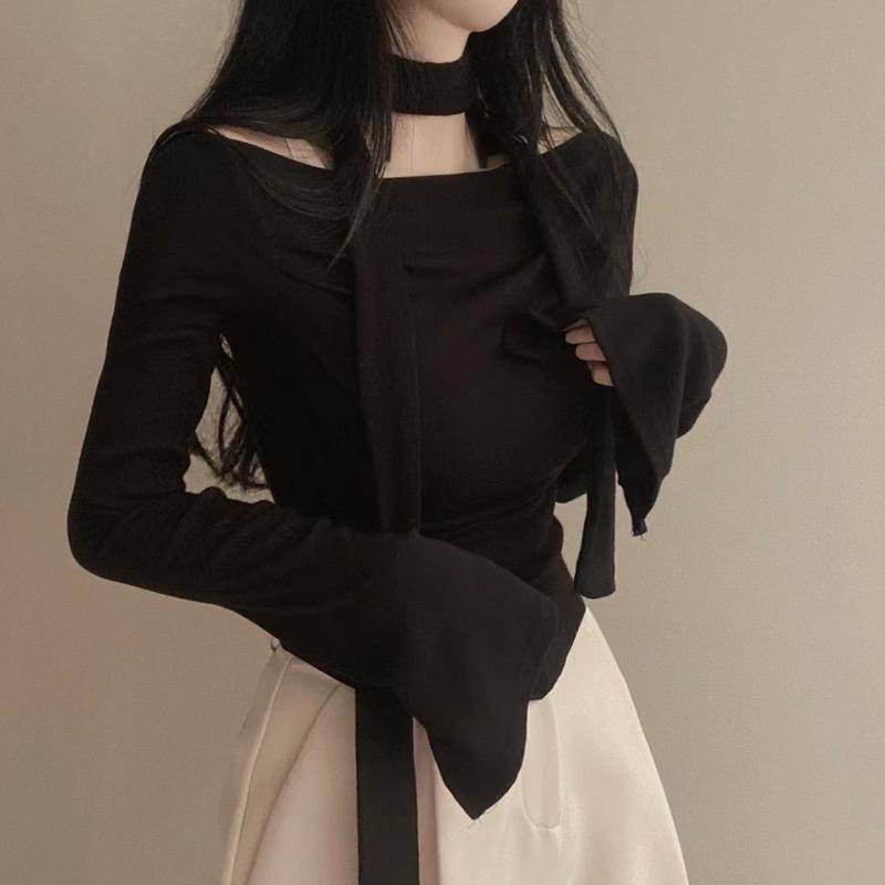 Y2K Crop T-Shirts Frauen Hotsweet Chic Langarm Top Weibliche Vintage Mode Off Schulter T-shirt Dame Frühling Casual Spitze-up T Shirt S schwarz von Joom DACH