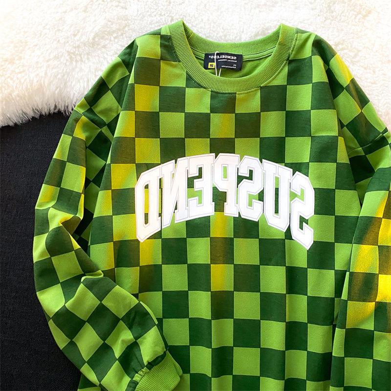 Y2K Damen Top Sweatwear Schachbrett Gitter Buchstaben Druck Langarm Top Studentin Herbst Locker Pullover T-Shirt XXL grün von Joom DACH
