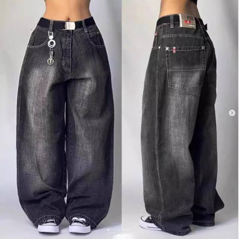 Y2K Jeans Harajuku Hip Hop Retro Totenkopf Grafik Bestickte Baggy Jeans Jeanshose Damen Goth Hohe Taille Weite Hose L schwarz von Joom DACH