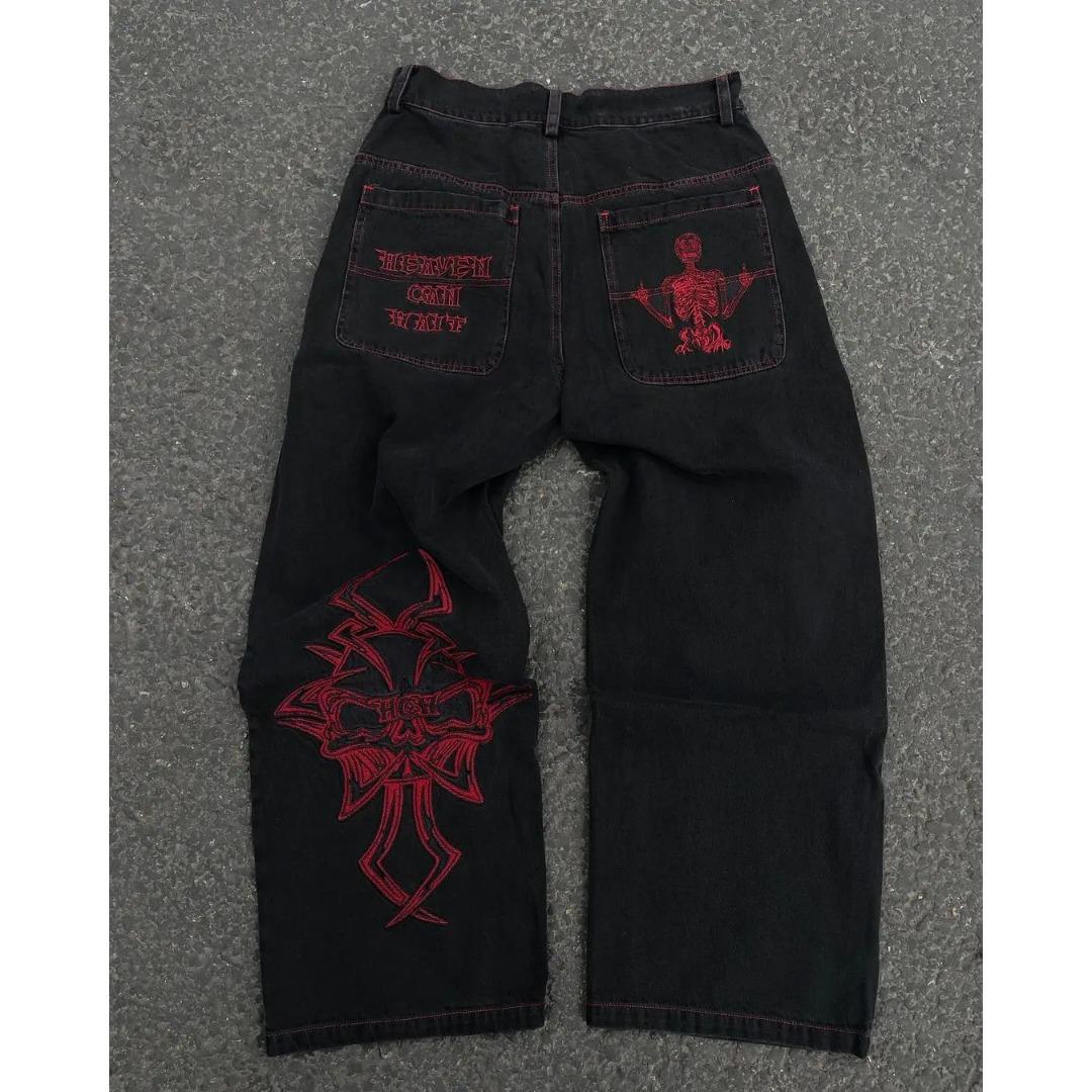 Y2K Jeans Herren Hip Hop Retro Schädel Stickerei Gewaschen Baggy Denim Hosen Neue Gerade Casual Lose Breite Bein Hosen Streetwear M rot von Joom DACH